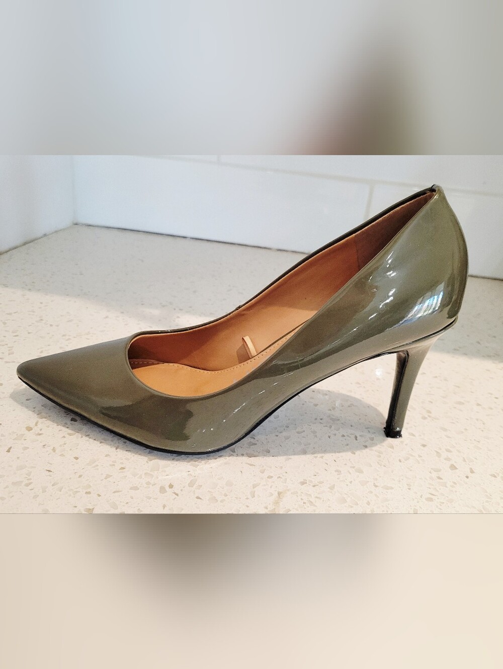 Calvin Klein Olive Green Patent Pumps | Size 8.5 | 3.5" Heel - Picture 4 of 8